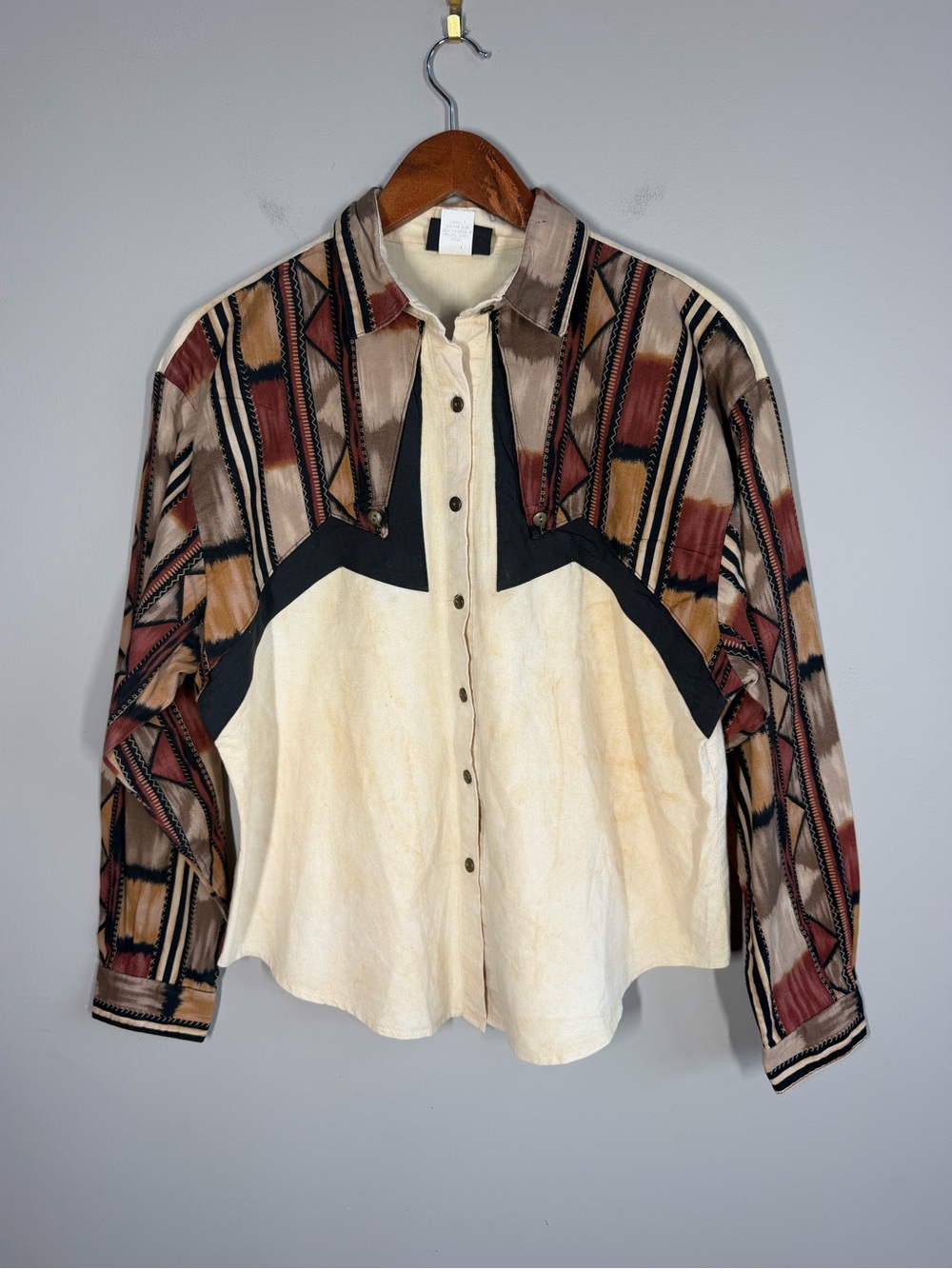 ROUGHRIDER Western-Inspired Patchwork Button-Up Jacket in Cream and Brown, Size